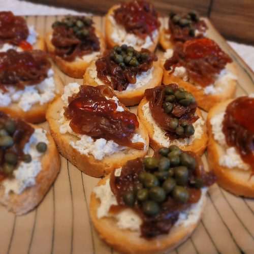 Carmelized Onions, Cheese, and Capers on Toast