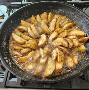 caramelizing apples, butter, and brown sugar in a fry pan
