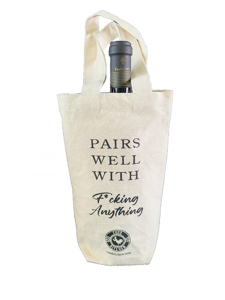 Canvas wine bag that says "Pairs Well with F*cking Anything"