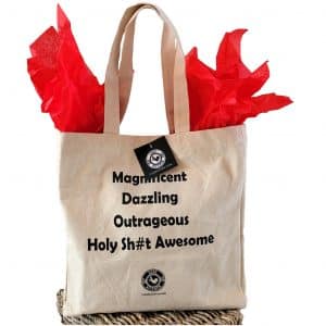 Canvas gift bag that says "Magnificent Dazzling Outrageous Holy Sh#t Awesome"