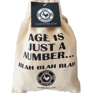 Drawstring synch bag that says "Age is just a number...BLAH BLAH BLAH"