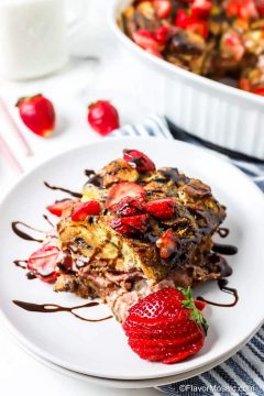 chocolate strawberry french toast casserole by flavormosaic.com