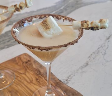 Peanut Butter and Coconut cocktail with chocolate rim and marshmallow garnish