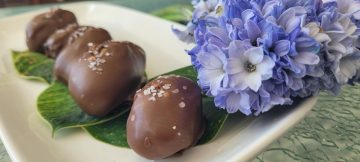peanut butter and chocolate covered dates with sea salt sprinkles