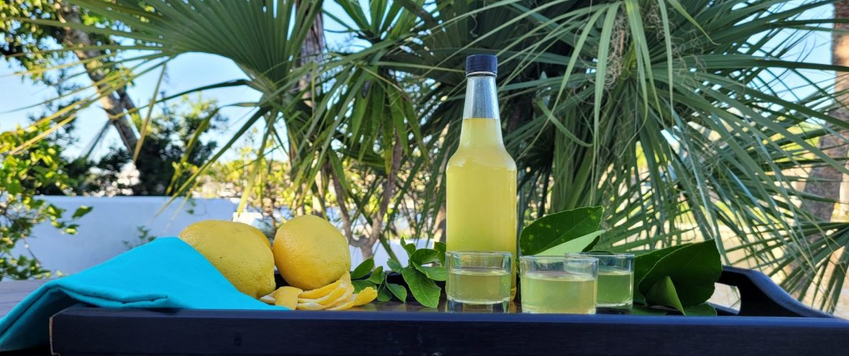 Tray of lemons, Limoncello bottle, and small glasses of limoncello